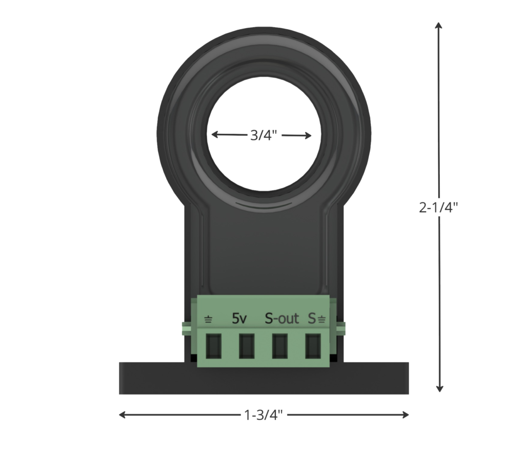 Diagram showing the dimensions of the AmpXSensors Non-Invasive 100A Current Sensor Transformer Bi-Directional (AmpX-100), providing detailed measurements for accurate installation and application.