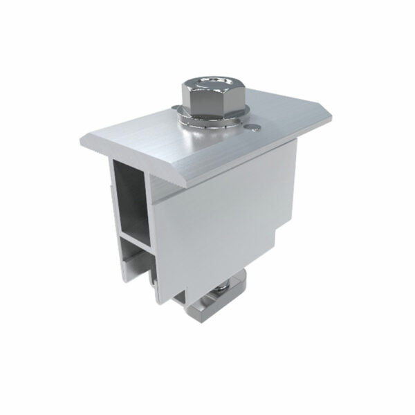 Fast-Rack Mill Finish Adjustable Mid Clamp, a robust and versatile clamp designed for securing solar panels to mounting rails, providing adjustable and reliable fastening for efficient solar installations.