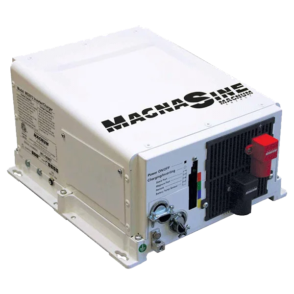 Magnum Energy MS Series 2000W 12VDC Pure Sine Inverter/Charger, a reliable and efficient inverter and charger designed for solar power systems, offering pure sine wave output for optimal energy conversion and battery charging.