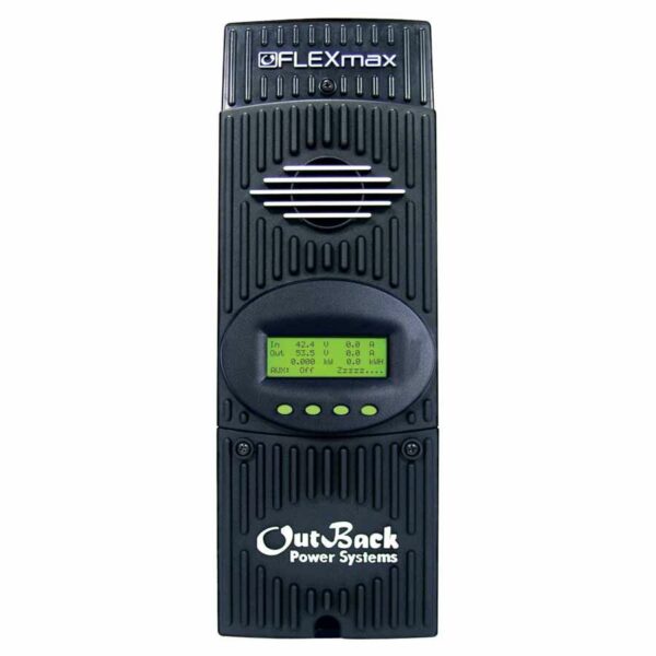 Outback Power FLEXmax 80 Charge Controller, a high-performance charge controller designed for solar energy systems, featuring advanced maximum power point tracking (MPPT) technology to maximize energy harvest and ensure efficient battery charging.