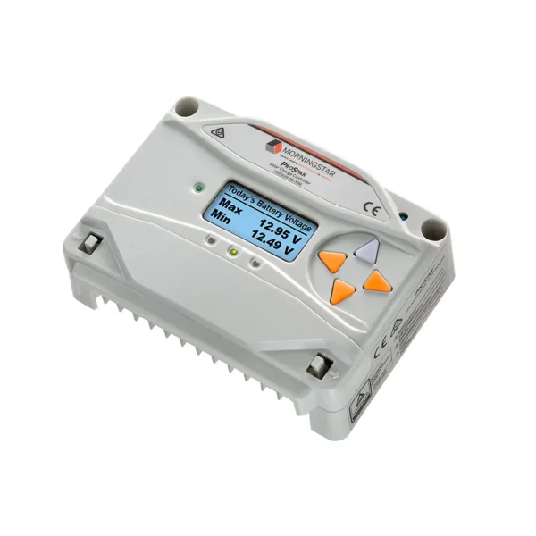 Morningstar ProStar Charge Controller with Meter, a reliable and efficient charge controller designed for solar power systems, featuring an integrated meter for real-time monitoring and optimal management of battery charging and energy storage.