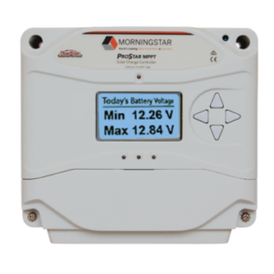 Morningstar ProStar MPPT Charge Controller, a high-efficiency charge controller designed for solar power systems, featuring maximum power point tracking (MPPT) technology to optimize energy harvest and ensure reliable battery charging.