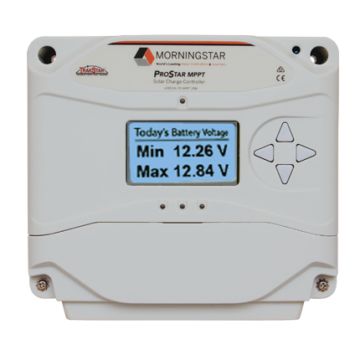 Morningstar ProStar MPPT Charge Controller, a high-efficiency charge controller designed for solar power systems, featuring maximum power point tracking (MPPT) technology to optimize energy harvest and ensure reliable battery charging.