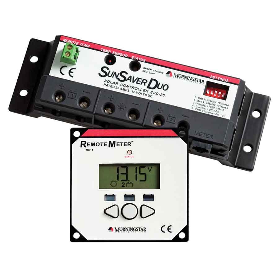 Morningstar SunSaver DUO 25 Amp Regulator with Remote Meter, a reliable and efficient charge controller designed to manage and optimize the charging of two separate batteries in solar power systems, featuring a remote meter for convenient real-time monitoring and control.