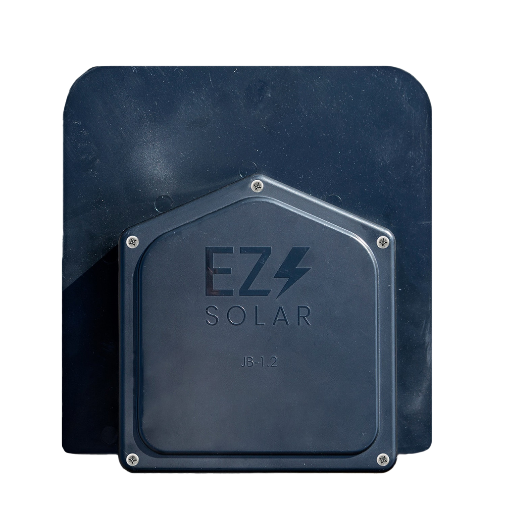 EZ Solar Junction Box for Asphalt Shingle Roofs, a durable and weather-resistant junction box designed for solar installations on asphalt shingle roofs, providing secure and efficient management of photovoltaic connections.