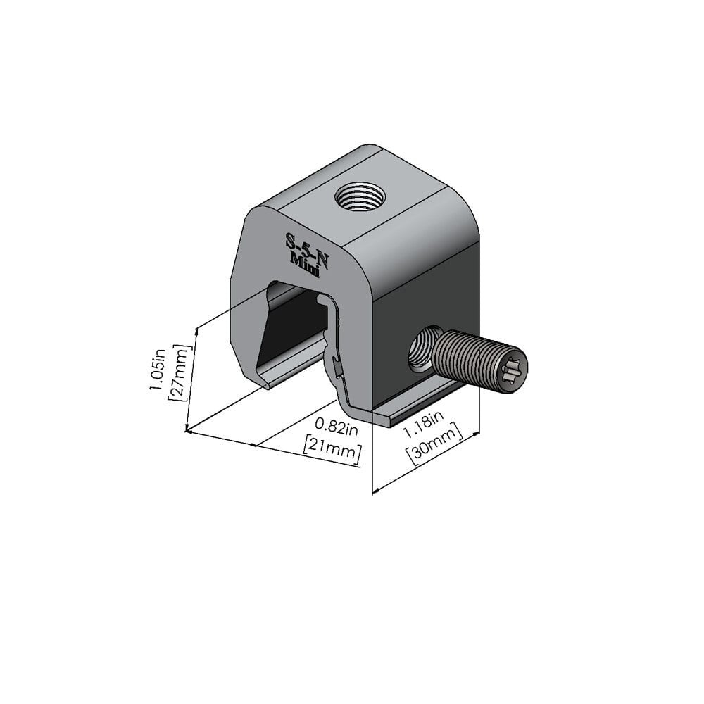 S-5! N Mini Clamp, a compact and durable clamp designed for securely attaching solar panels and other components to nail strip metal roofs, ensuring stability and ease of installation.