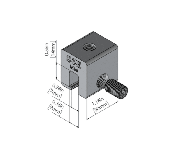 S-5! E Mini Clamp, a compact and durable clamp designed for securely attaching solar panels and other components to standing seam metal roofs, ensuring stability and ease of installation.