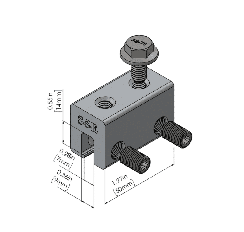 S-5! E Clamp, a versatile and durable clamp designed for securely attaching solar panels and other components to standing seam metal roofs, providing stability and ease of installation.