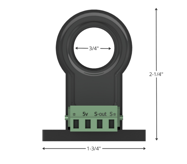 Diagram showing the dimensions of the AmpXSensors Non-Invasive 100A Current Sensor Transformer Bi-Directional (AmpX-100), providing detailed measurements for accurate installation and application.