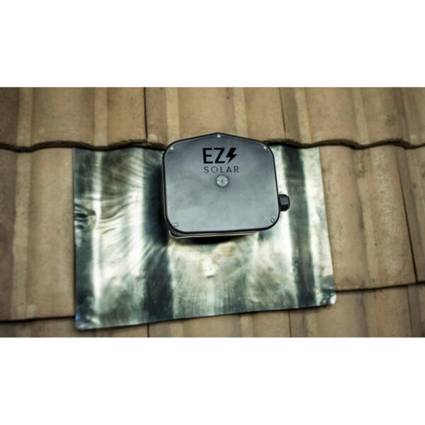 EZ Solar JB-2 PV Junction Box for Tile Roofs with Deck Flashing, a durable and weather-resistant junction box designed for tile roof solar installations, featuring deck flashing for secure and leak-proof installation of photovoltaic connections.