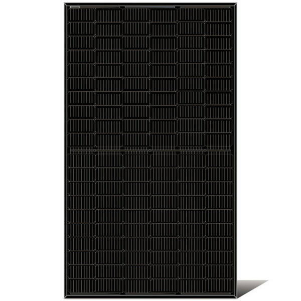 Monocrystalline solar panel with a power output of 355 watts, black frame and backsheet, model LR4-60HPB-355M, manufactured by Longi.