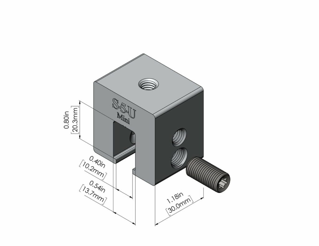 S-5! U Mini Clamp, a compact and durable clamp designed for securely attaching solar panels and other components to standing seam metal roofs, ensuring stability and ease of installation.