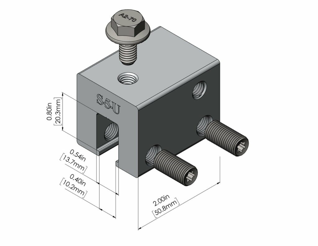 S-5! U Clamp, a versatile and robust clamp designed for securely attaching solar panels and other components to standing seam metal roofs, providing stability and ease of installation.