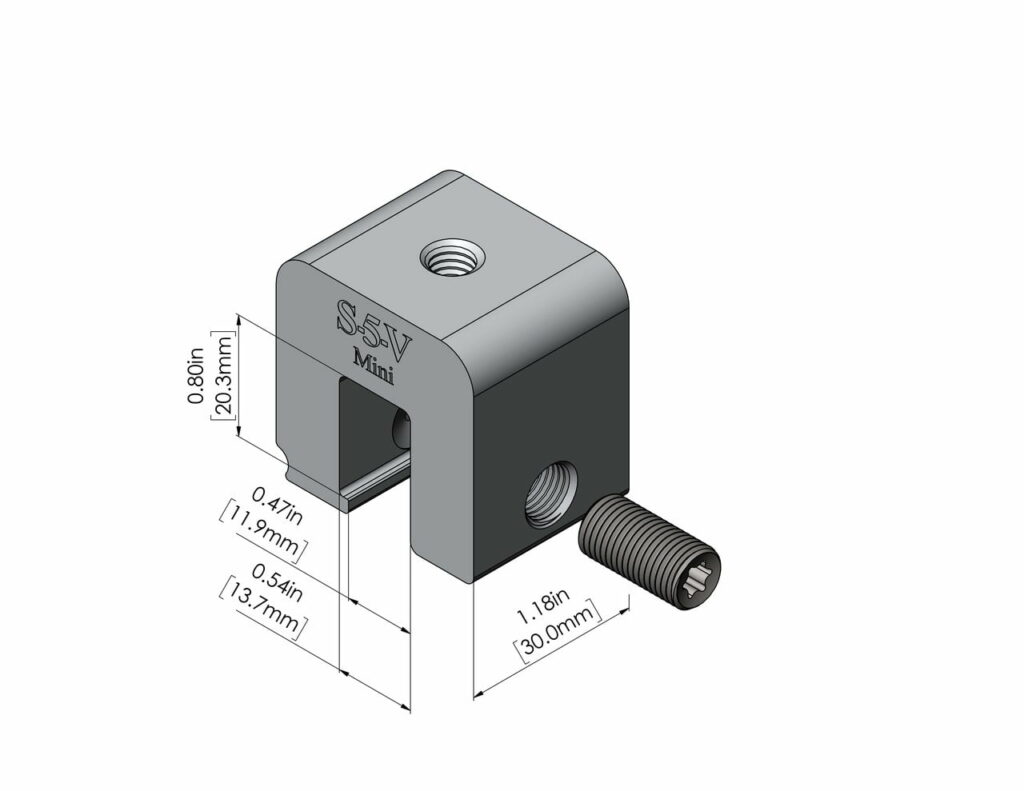 S-5! V Mini Clamp, a compact and durable clamp designed for securely attaching solar panels and other components to standing seam metal roofs, ensuring stability and ease of installation.